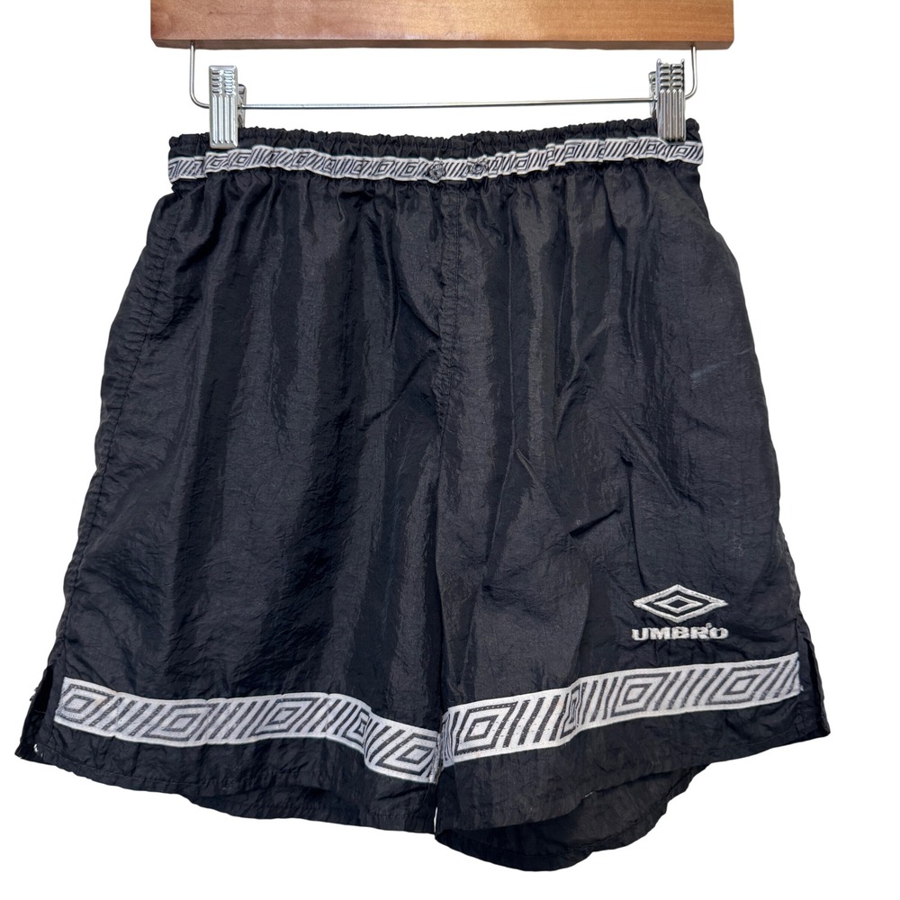 Vintage Umbro Mens Soccer Shorts S Black Nylon Geometric Trim Blokecore 90s USA